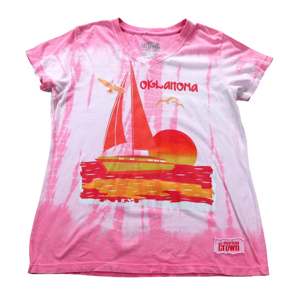 American Crown Oklahoma Pink Tie‎ Dye Sailboat Graphic V-Neck Tee Shirt Medium
